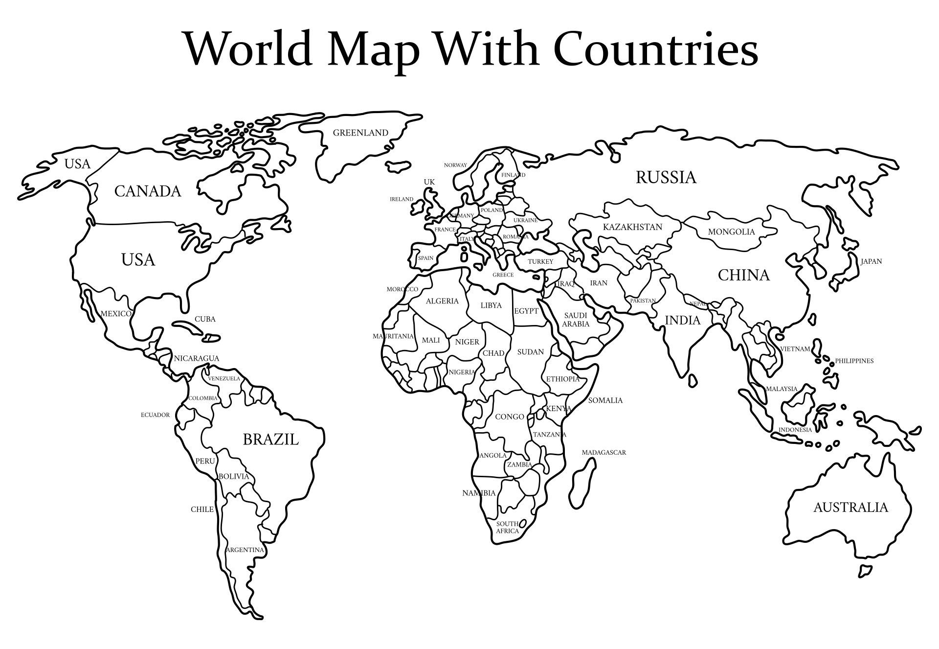 10 Best Black And White World Map Printable intended for Free Printable World Map With Countries Labeled