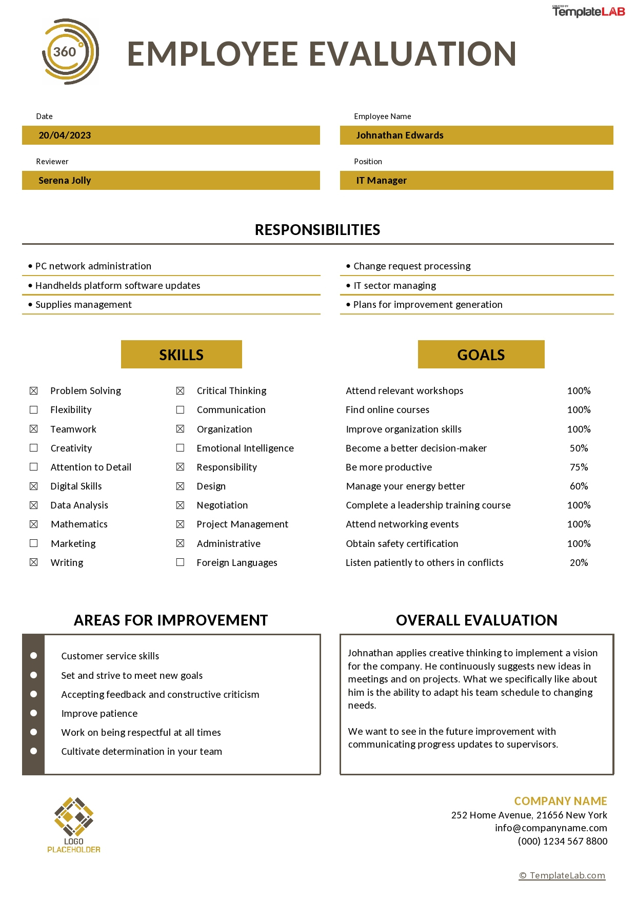 12 Perfect Employee Evaluation Templates [Free] - Templatelab regarding Free Employee Evaluation Forms Printable