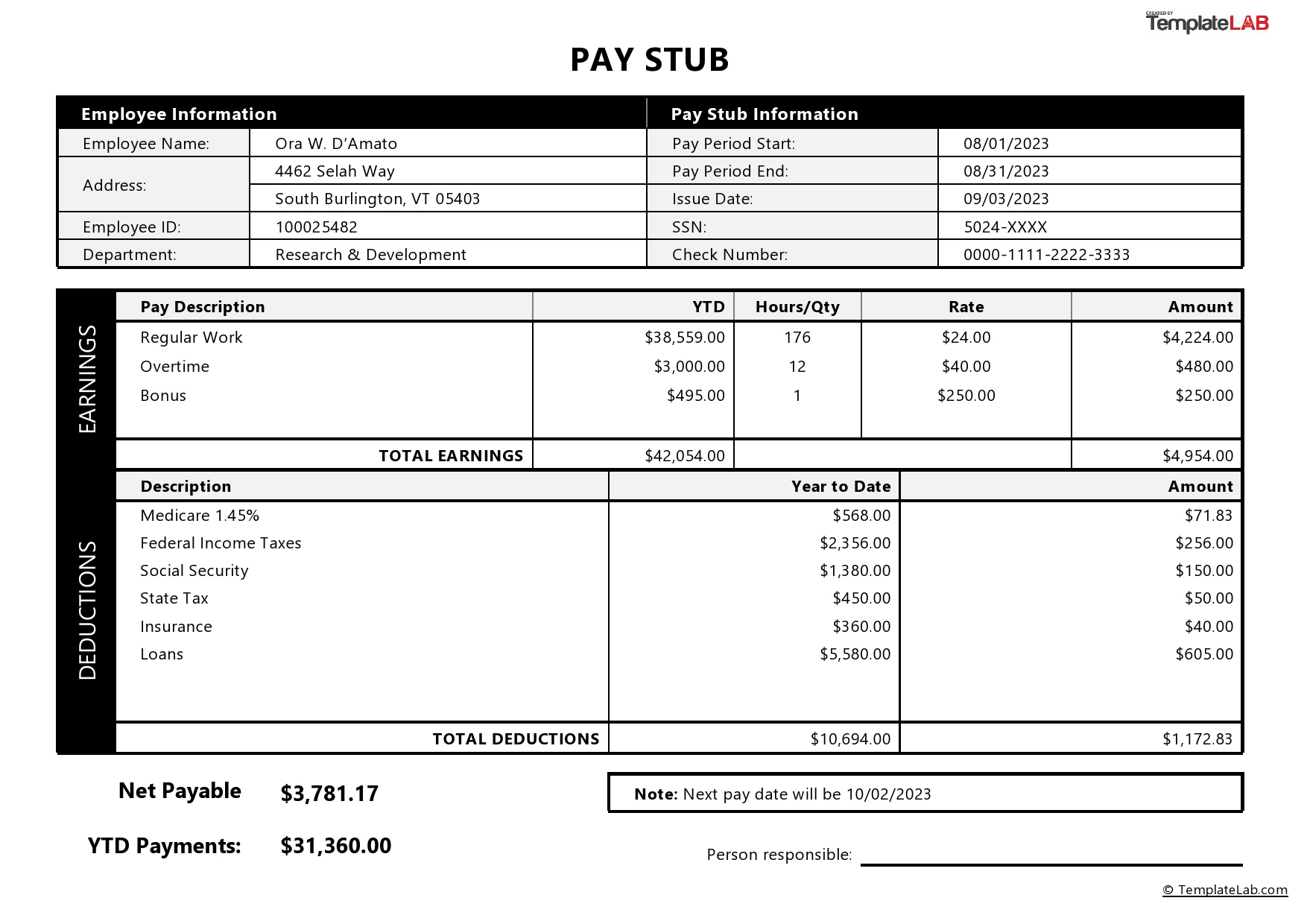 15 Free Pay Stub Templates [Word, Excel, Pdf] - Templatelab for Free Printable Check Stubs Download