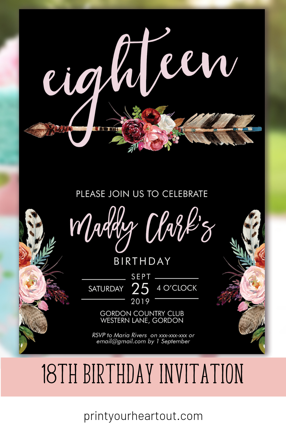 18Th Birthday Boho Arrow Invitation Printable Template, Pink with regard to Free Printable 18Th Birthday Invitations