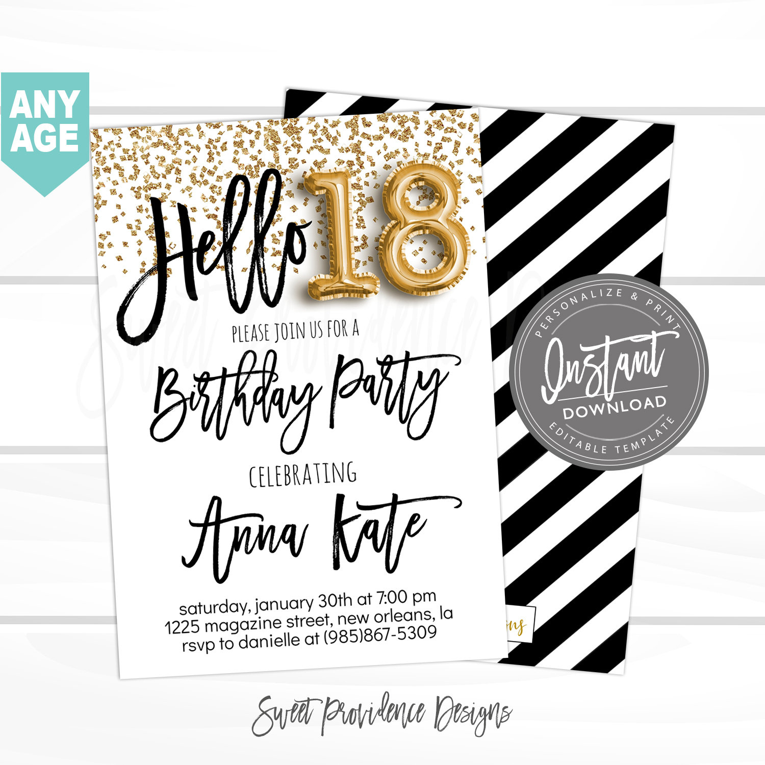 18Th Birthday Invitation, Editable 18Th Birthday Invitation, Hello 18, Black &amp;amp; Gold Glitter, Surprise, Printable Invite, Instant Access intended for Free Printable 18Th Birthday Invitations