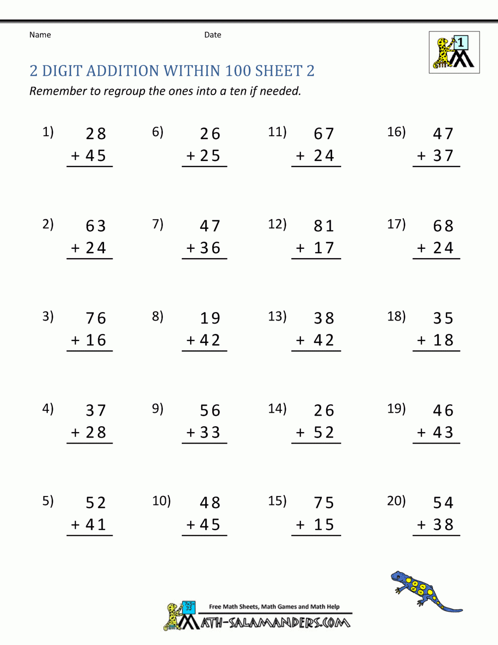 2 Digit Addition Worksheets within Free Printable Double Digit Addition and Subtraction Worksheets