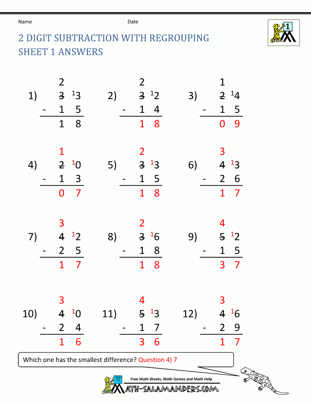 2 Digit Subtraction With Regrouping Sheet 1 Answers | Subtraction regarding Free Printable Subtraction Worksheets for 2nd Grade