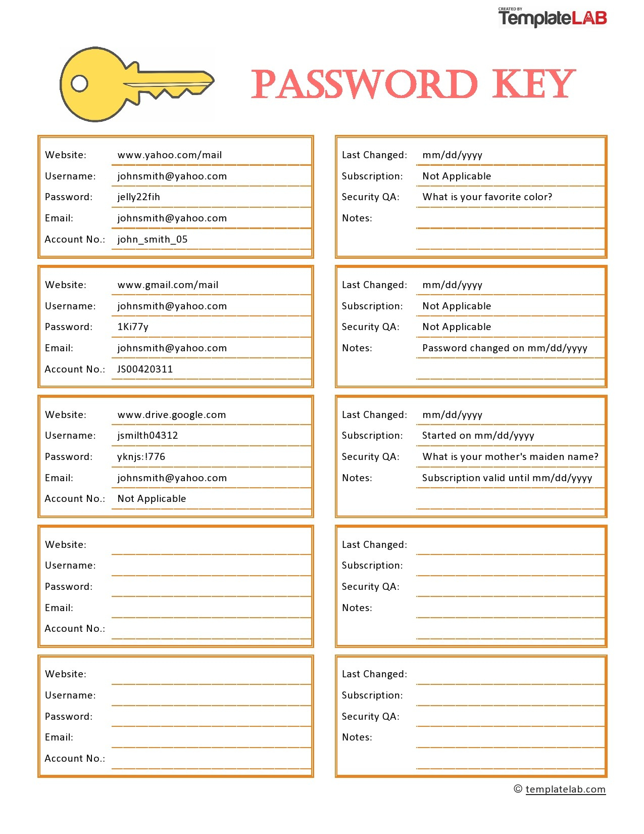 20 Best Password List Templates (Word, Excel &amp;amp; Pdf) ᐅ Templatelab in Free Printable Password List