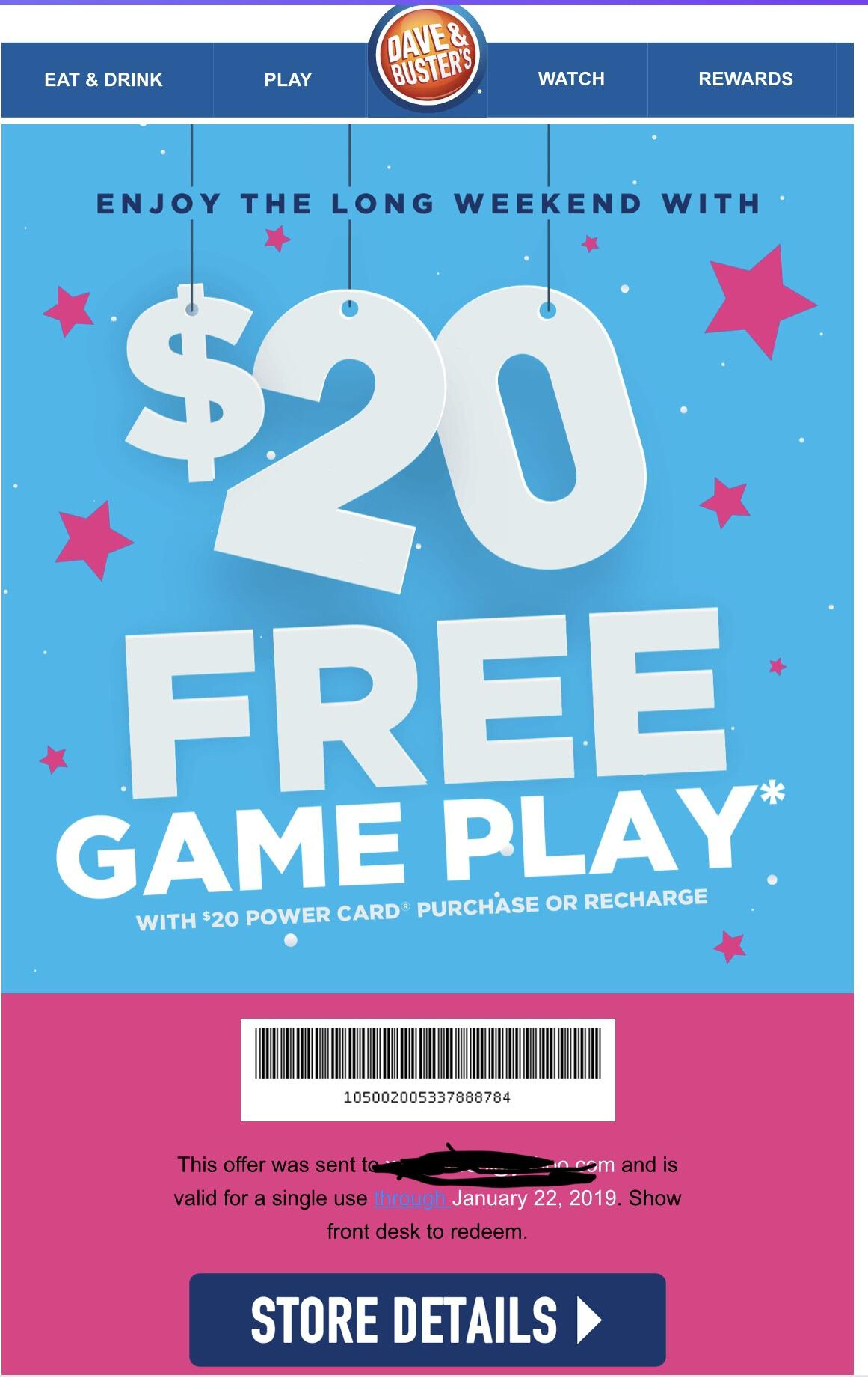 $20 Dave And Busters Game Play With $20 Game Play Purchase : R pertaining to Free Printable Dave and Busters Coupons