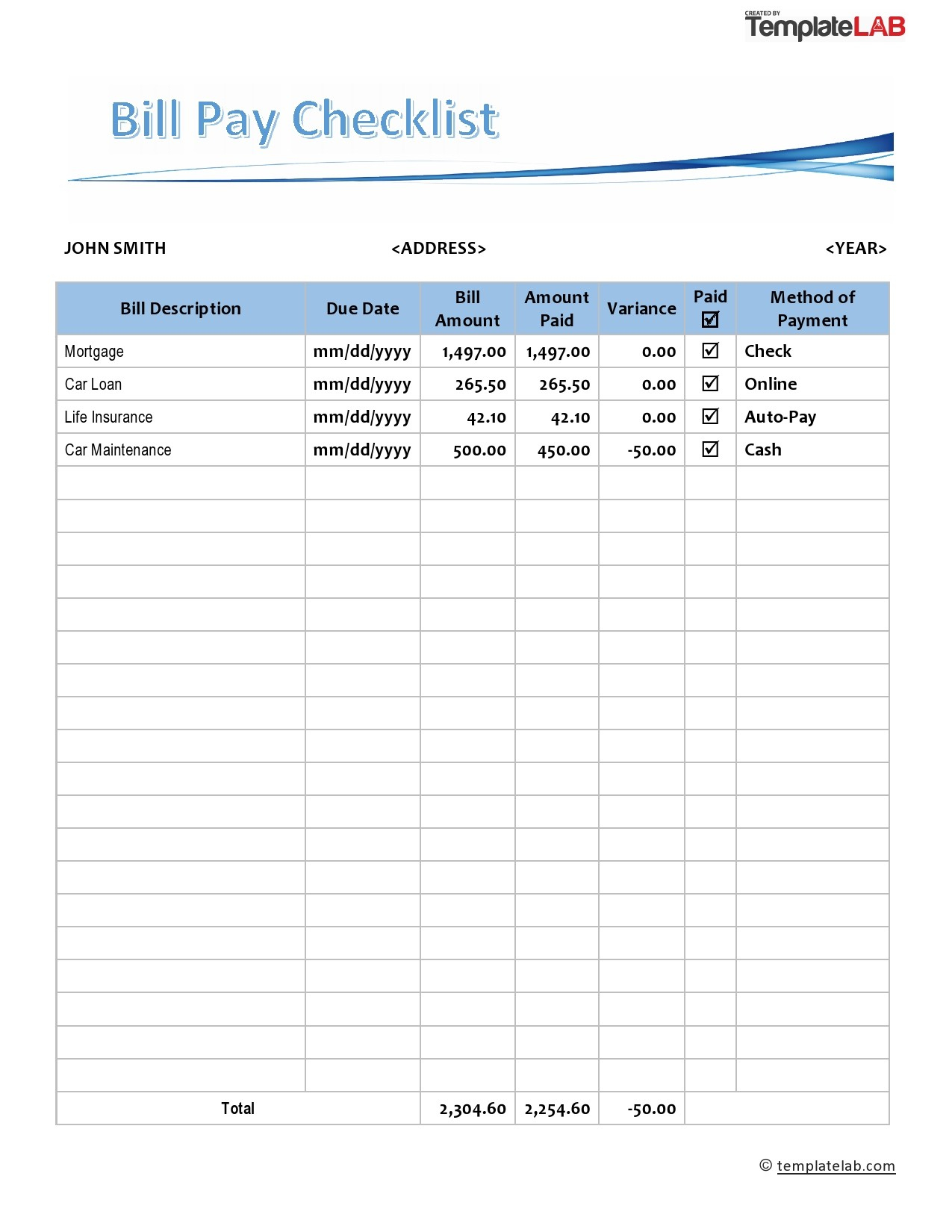 20 Free Bill Pay Checklists &amp;amp; Bill Calendars (Pdf, Word &amp;amp; Excel) in Free Printable Bill Pay Checklist