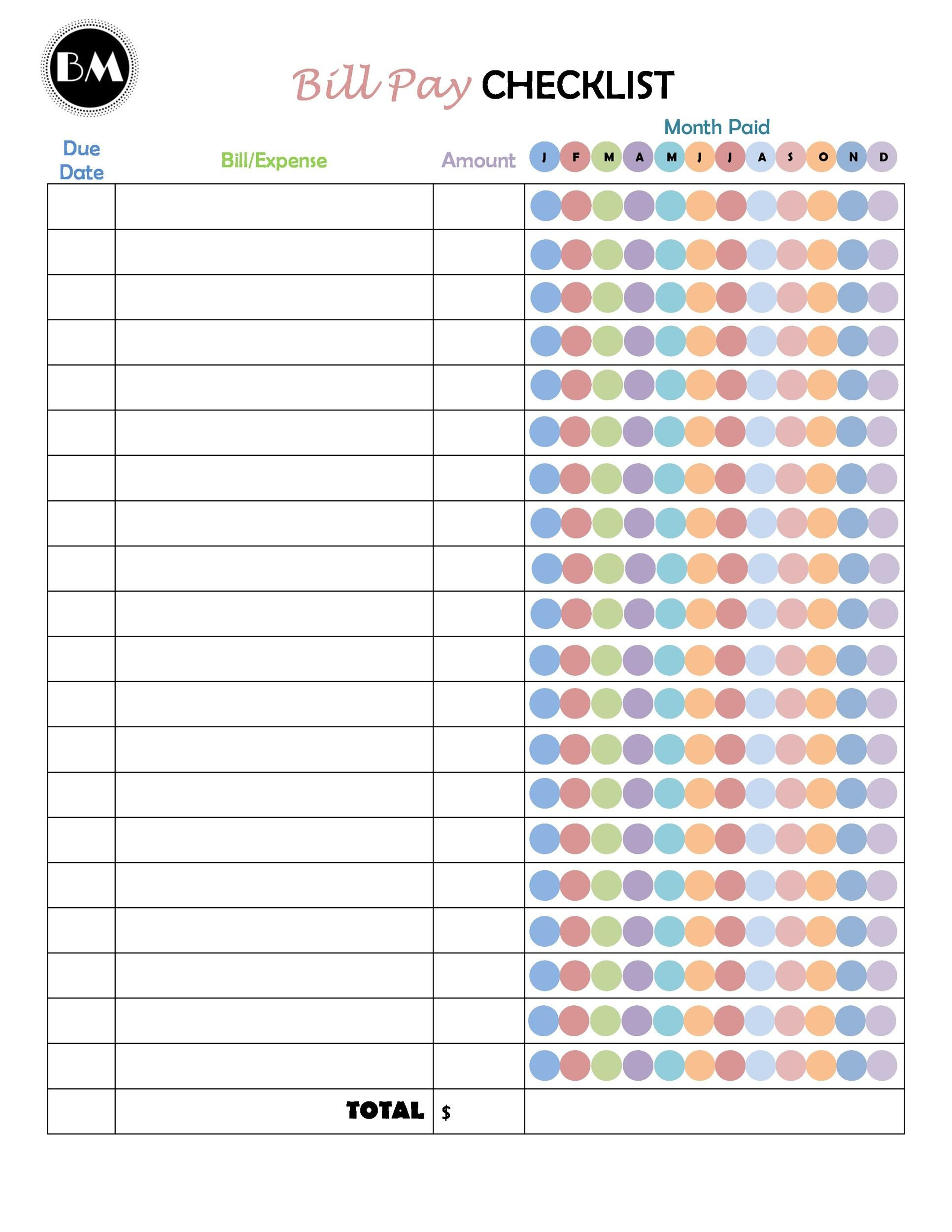 20 Free Bill Pay Checklists &amp;amp; Bill Calendars (Pdf, Word &amp;amp; Excel regarding Free Printable Bill Payment Checklist