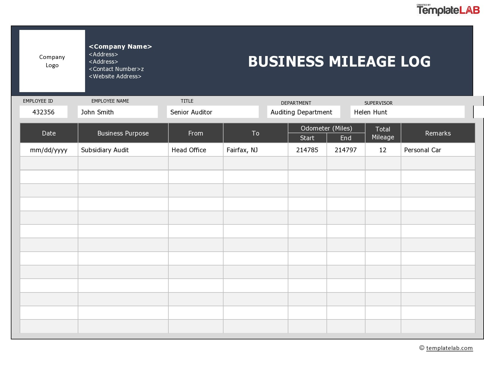 20 Printable Mileage Log Templates (Free) ᐅ Templatelab in Free Printable Mileage Log