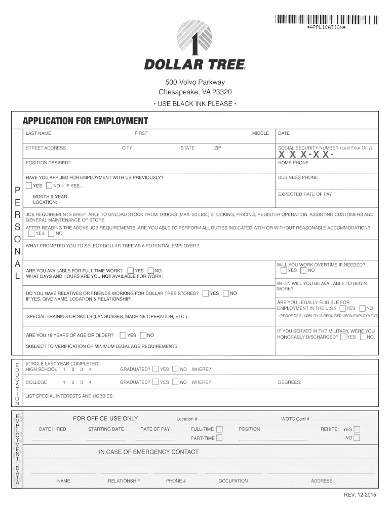 2015-2024 Form Dollar Tree Application For Employment Fill Online inside Free Printable Dollar Tree Application Form