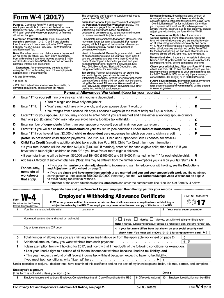 2017 Form Irs W-4 Fill Online, Printable, Fillable, Blank - Pdffiller intended for Free Printable W 4 Form