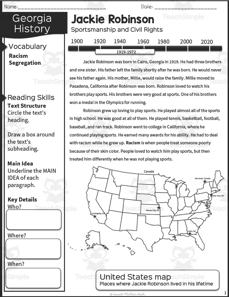 2Nd Grade Reading Packet: Jackie Robinson inside Jackie Robinson Free Printables