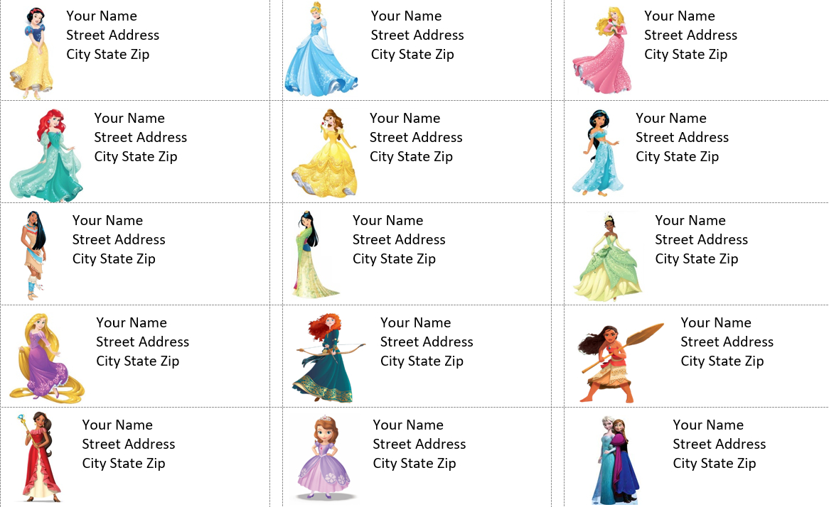 30 Disney Princess Address Labels/Shipping Labels/Name Labels/Stickers inside Free Printable Disney Address Labels