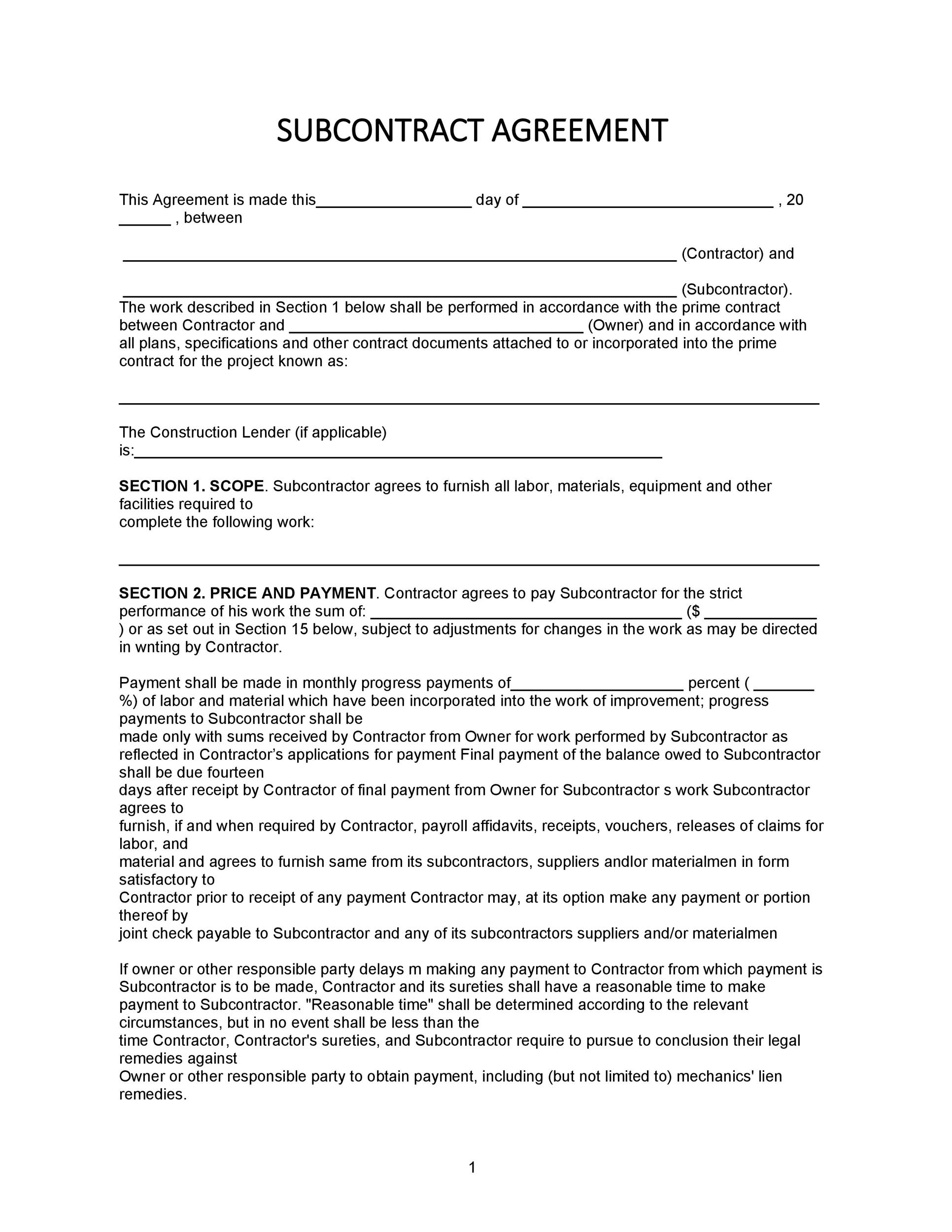 39 Free Subcontractor Agreement Templates &amp;amp; Samples inside Free Printable Subcontractor Agreement