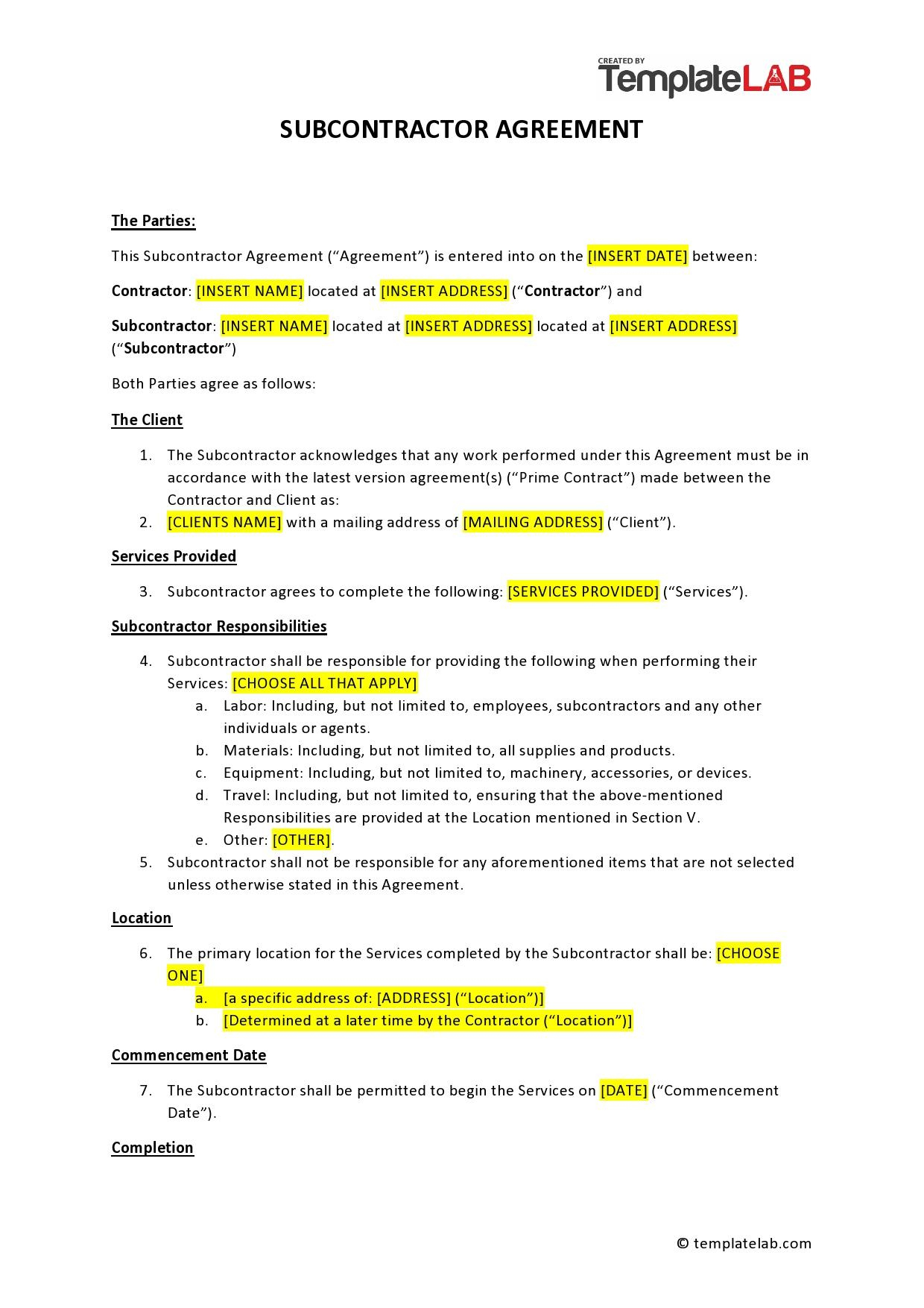 39 Free Subcontractor Agreement Templates &amp;amp; Samples inside Free Printable Subcontractor Agreement