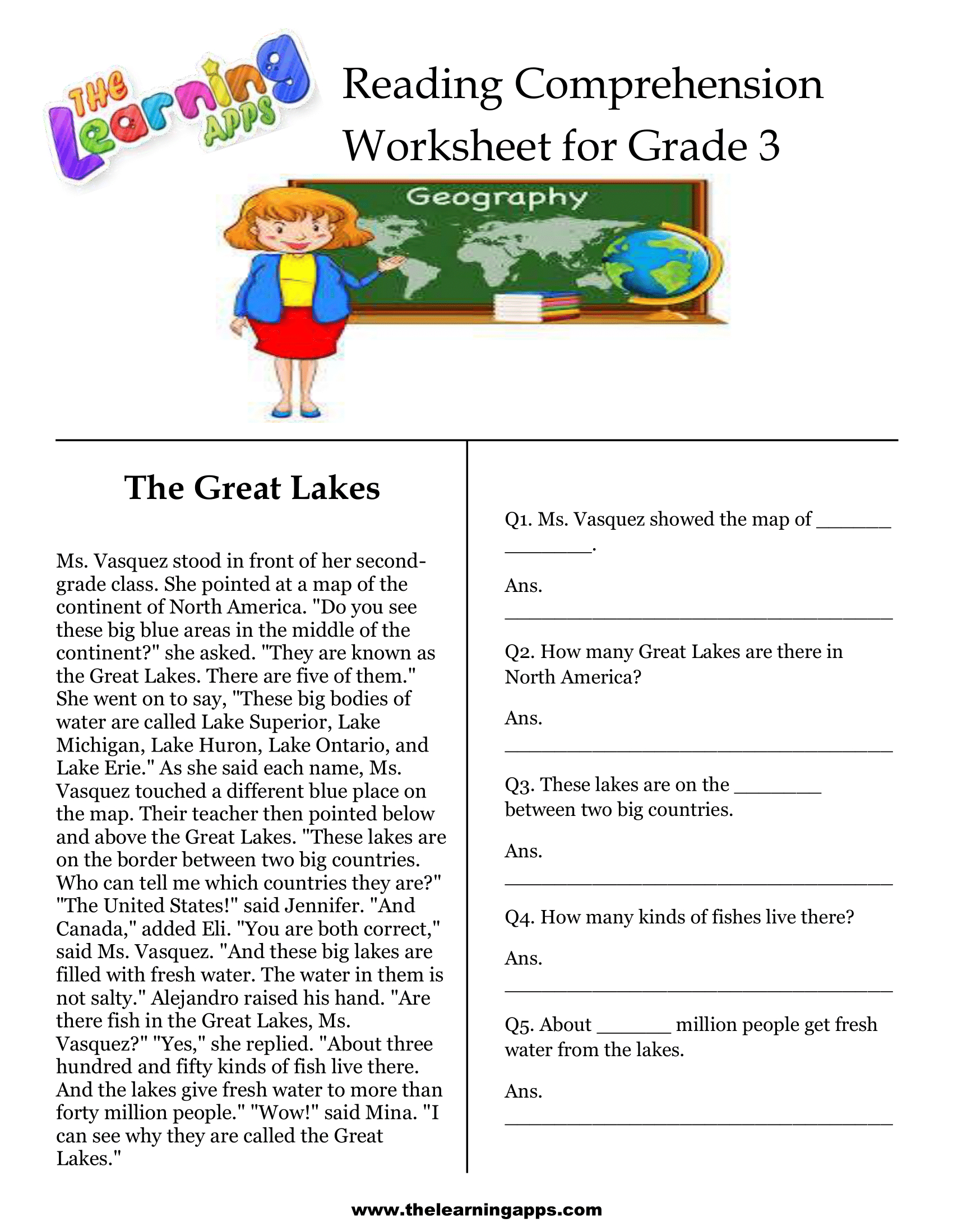 3Rd Grade Reading Comprehension Worksheets | The Great Lakes within Free Printable Short Stories For Grade 3