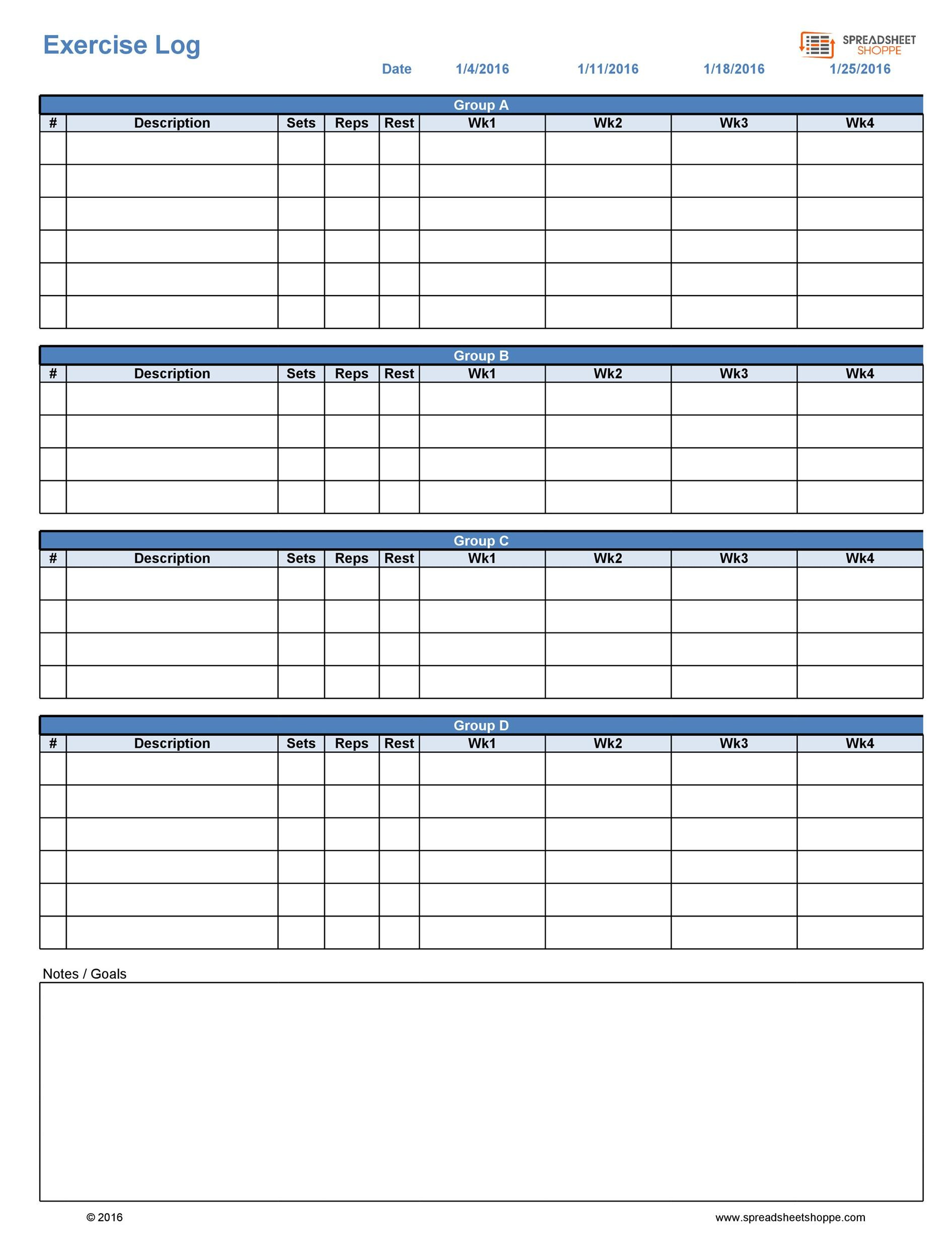 40+ Effective Workout Log &amp;amp; Calendar Templates ᐅ Templatelab intended for Free Printable Workout Log Sheets