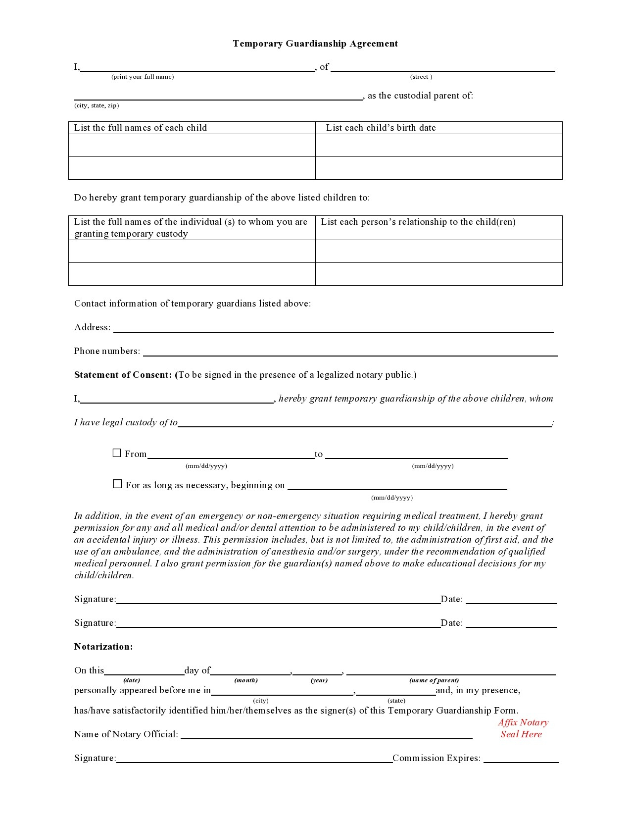 40 Printable Temporary Guardianship Forms [All States] for Free Printable Child Custody Forms