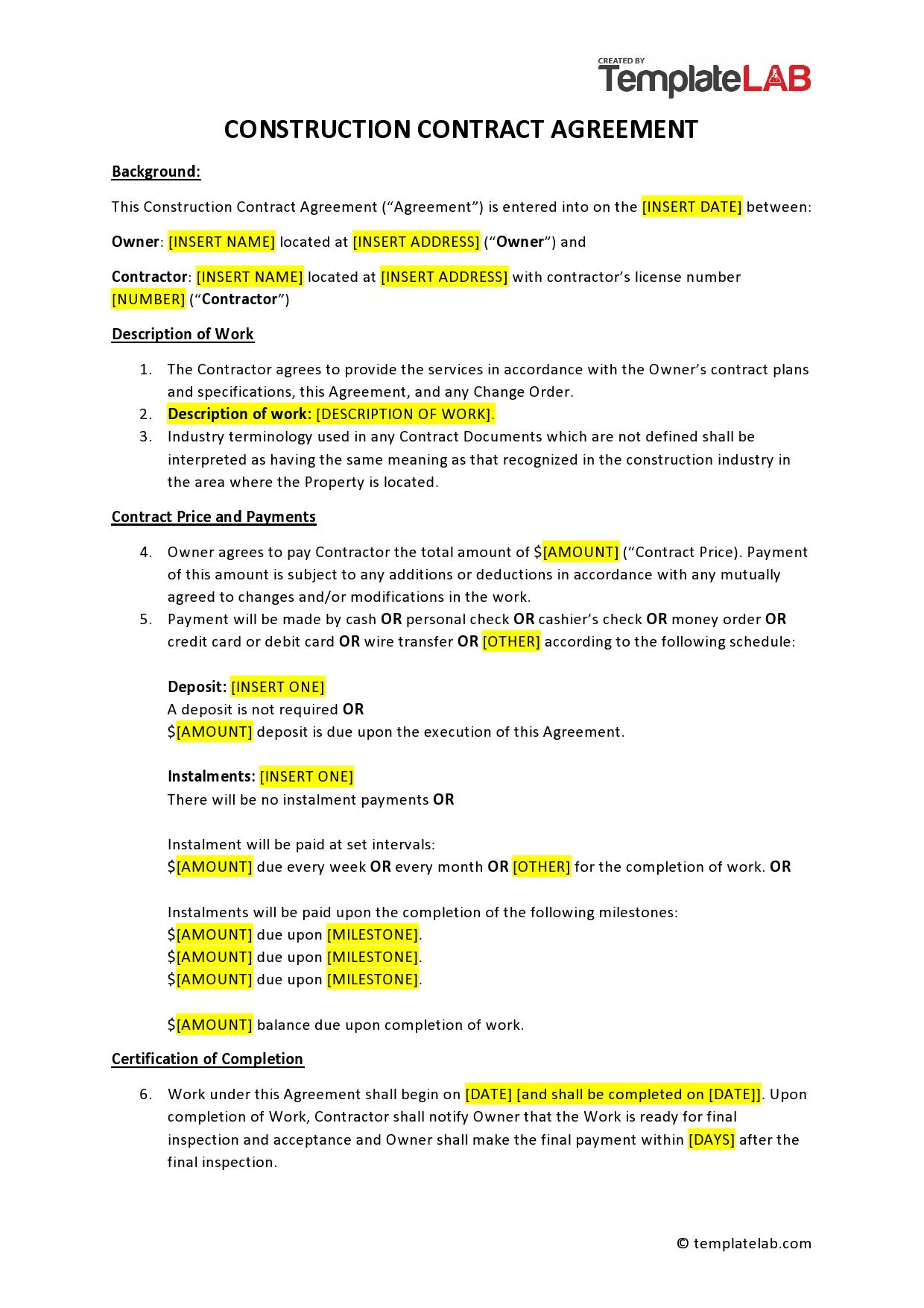 41 Simple Construction Contract Templates [100% Free] with regard to Free Printable Construction Contracts