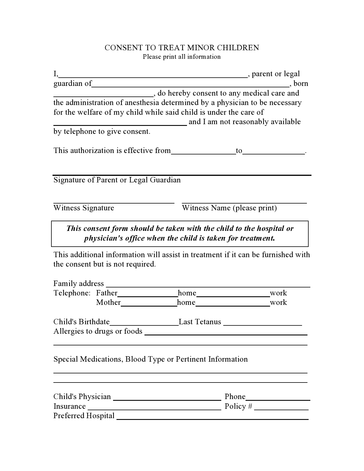 43 Printable Medical Consent Forms For Minor (Free) in Free Printable Child Medical Consent Form