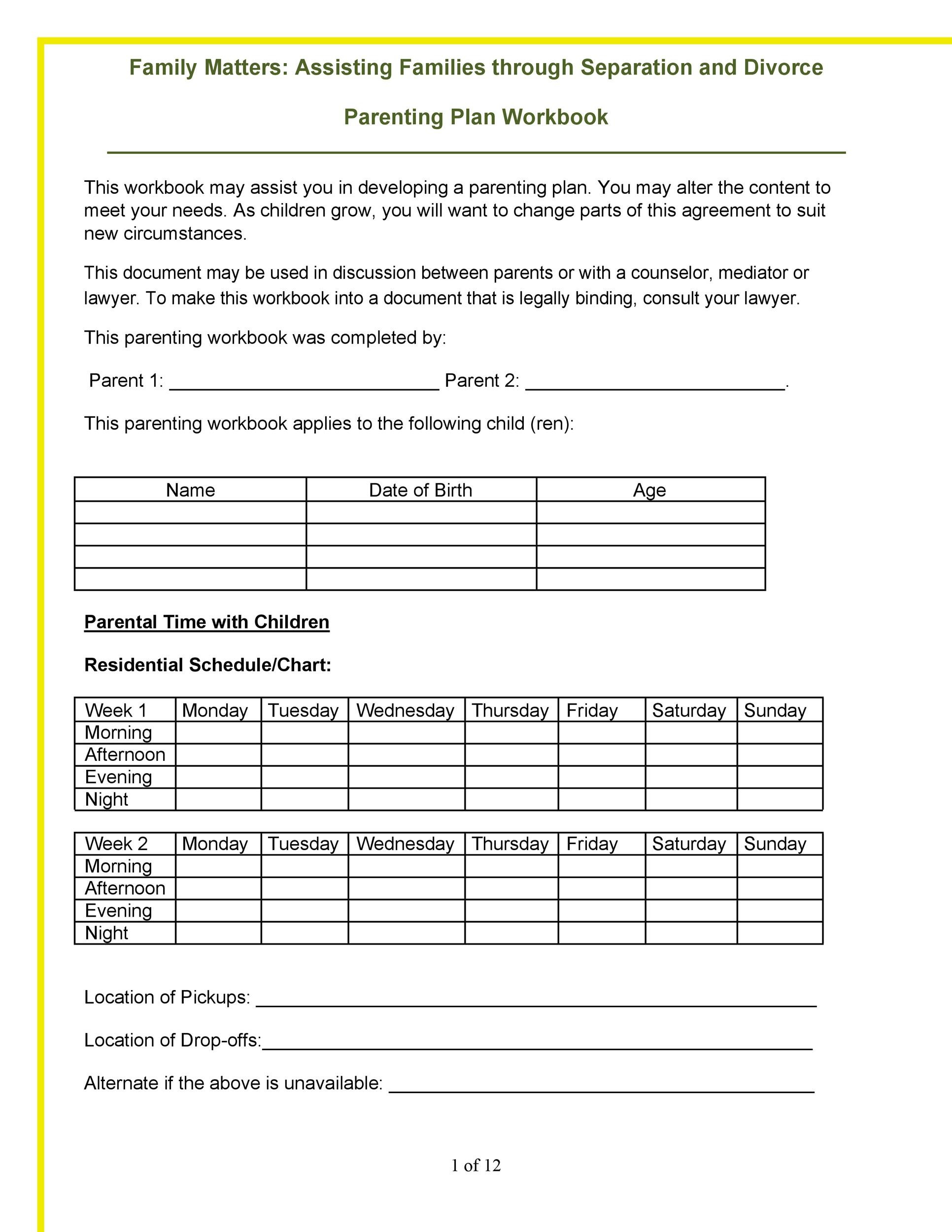 49 Free Parenting Plan &amp;amp; Custody Agreement Templates throughout Free Printable Parenting Plan