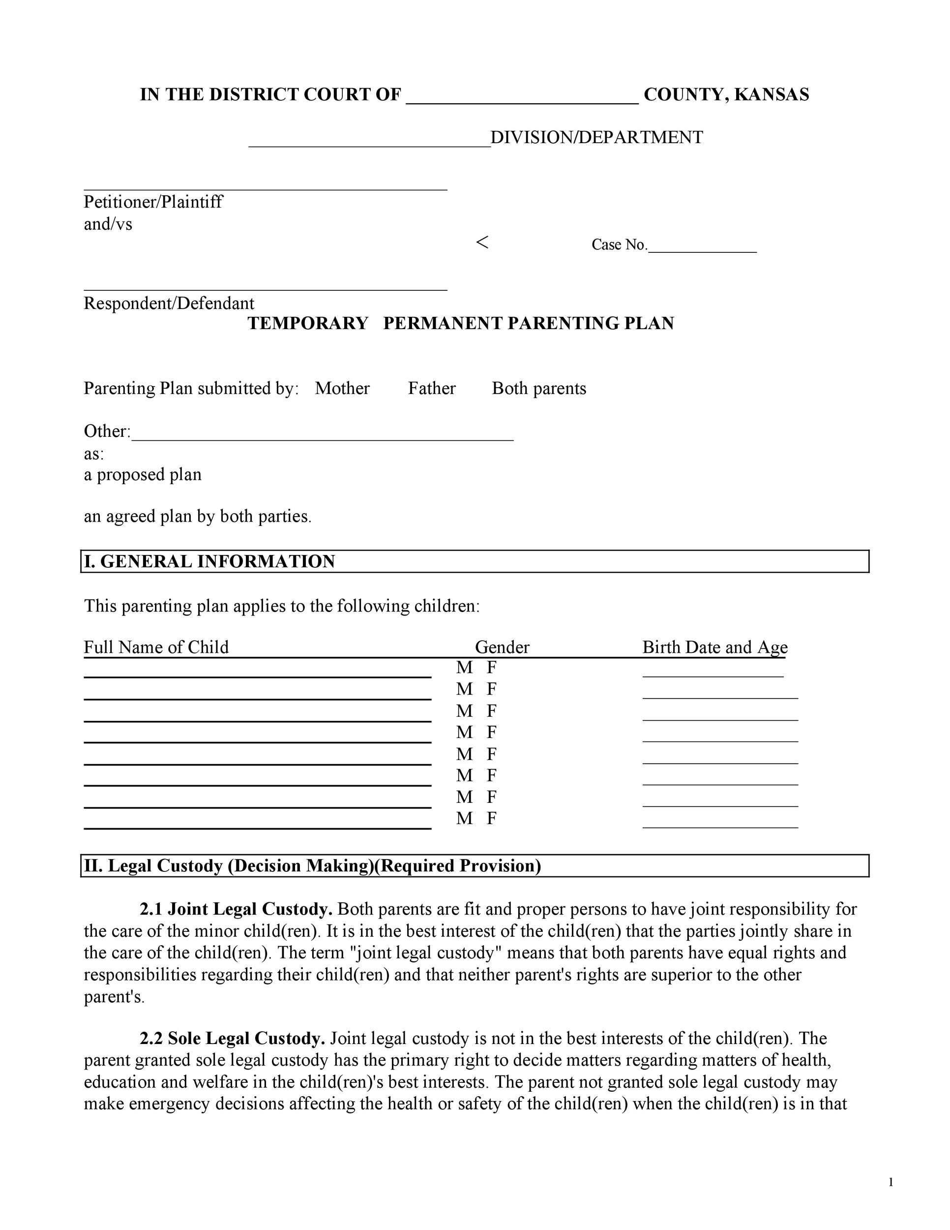 49 Free Parenting Plan &amp;amp; Custody Agreement Templates with Free Printable Parenting Plan