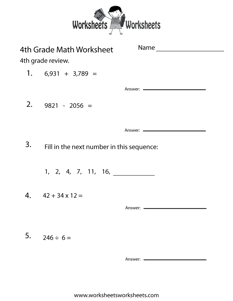 4Th Grade Math Review Worksheet | Worksheets Worksheets regarding Free Printable Worksheets for 4th Grade