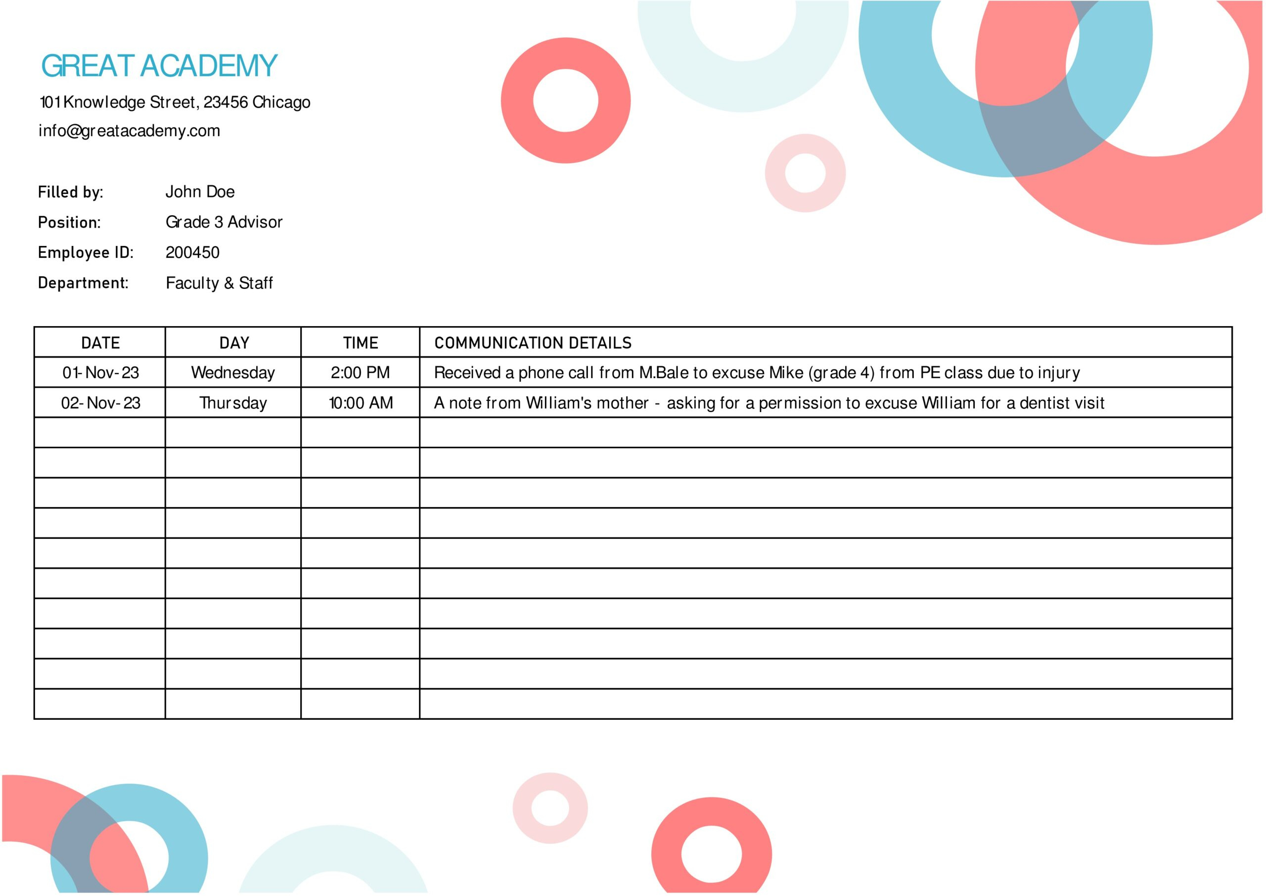 50 Editable Parent Contact Logs (Doc, Excel &amp;amp; Pdf) pertaining to Free Printable Parent Communication Log for Teachers