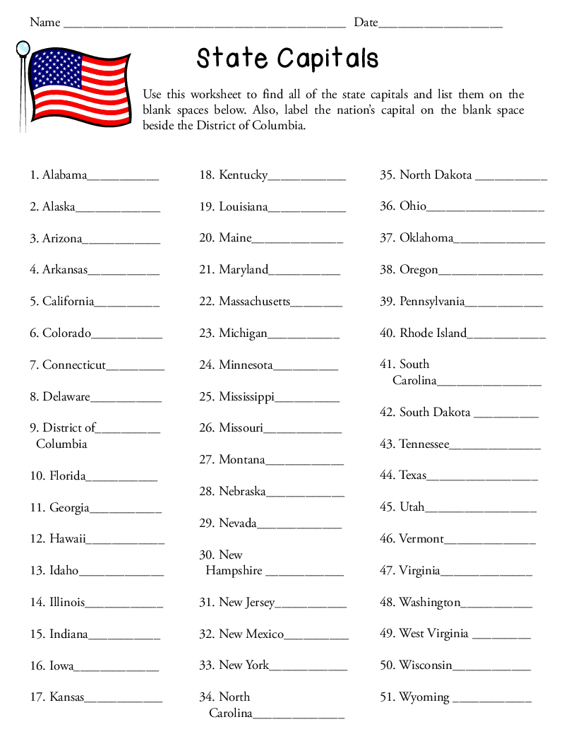 50 States And Capitals Worksheet within Free Printable States And Capitals Worksheets