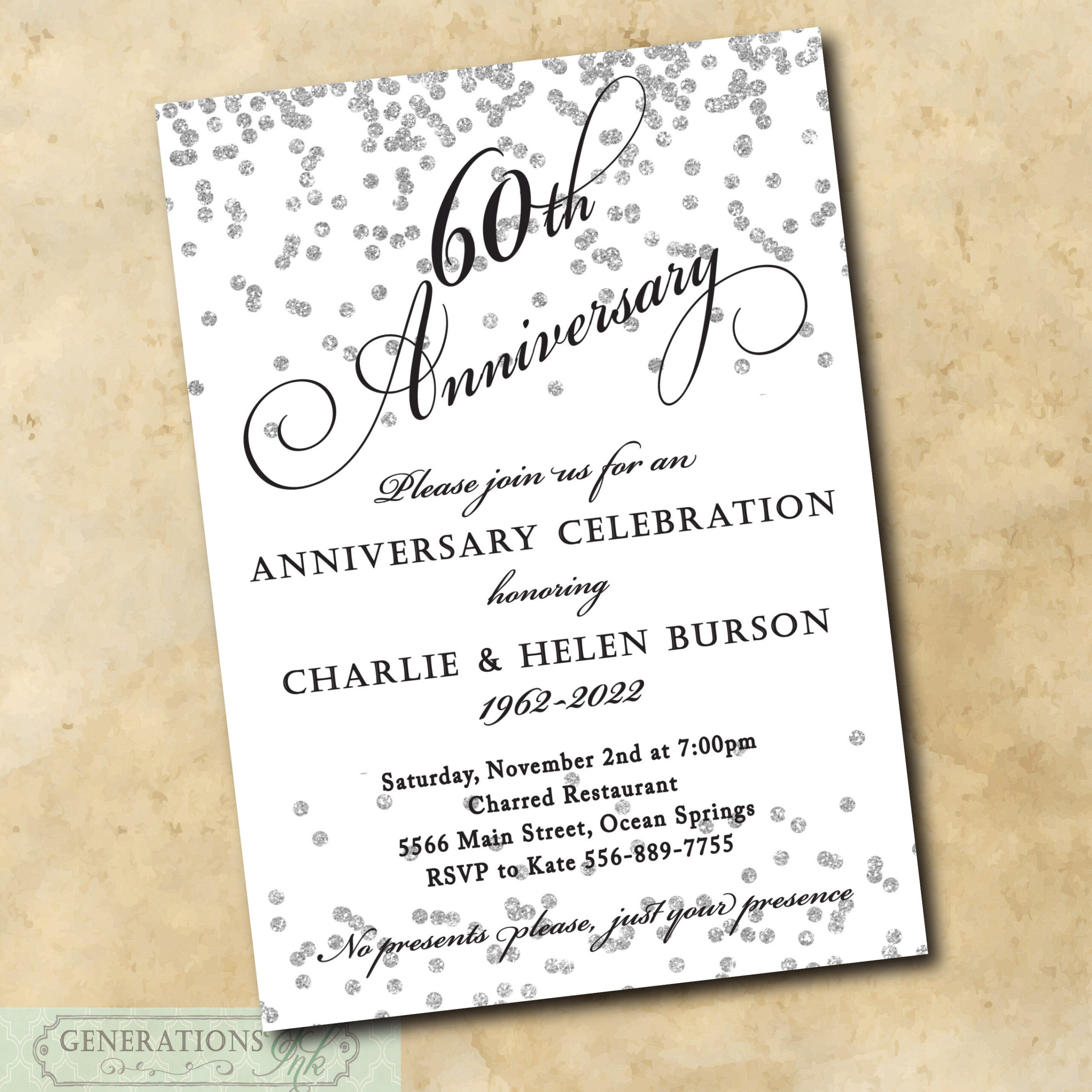 60Th Wedding Anniversary Invitation Printable/Digital File/Silver regarding Free Printable 60Th Wedding Anniversary Invitations