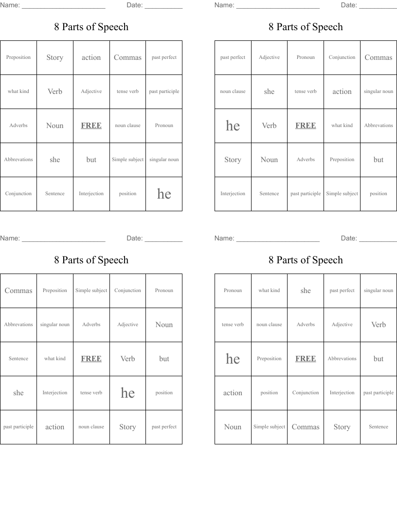 8 Parts Of Speech Bingo Cards - Wordmint in Free Printable Parts Of Speech Bingo