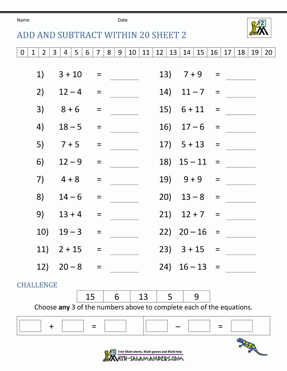 Add And Subtract Within 20 for Free Printable Mixed Addition and Subtraction Worksheets