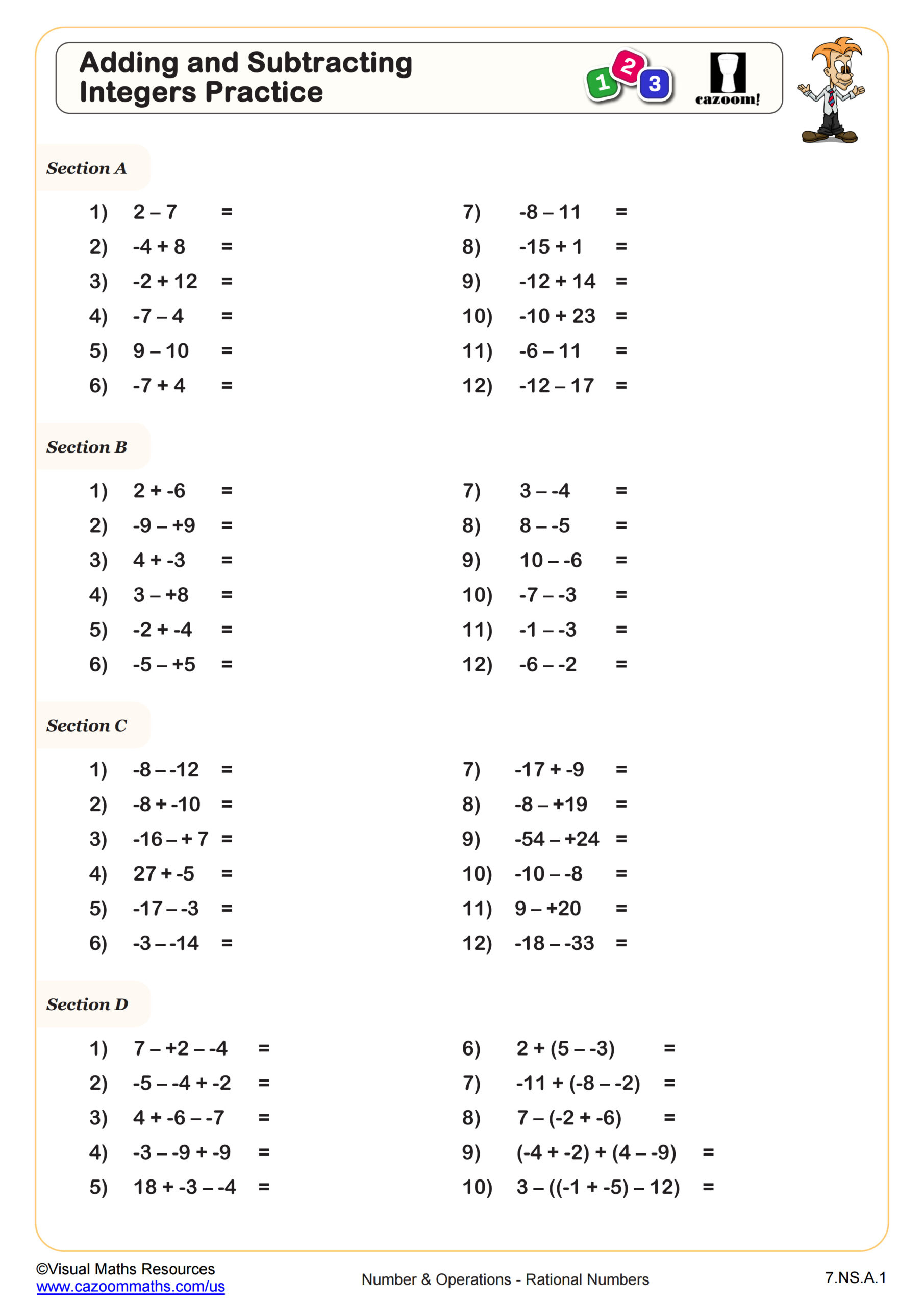 Adding And Subtracting Integers Practice Worksheet | 7Th Grade Pdf throughout Free Printable Integer Worksheets Grade 7