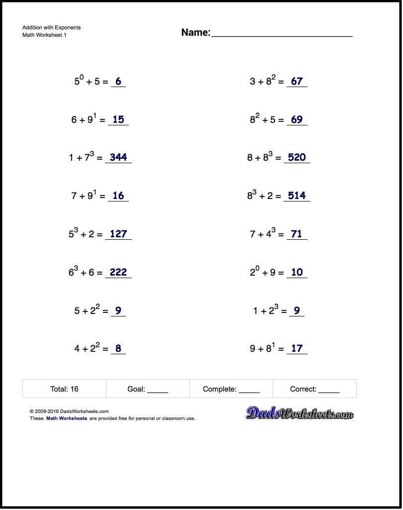 Adding Exponents Worksheets, Including Simple Problems Where within Free Printable Exponent Worksheets