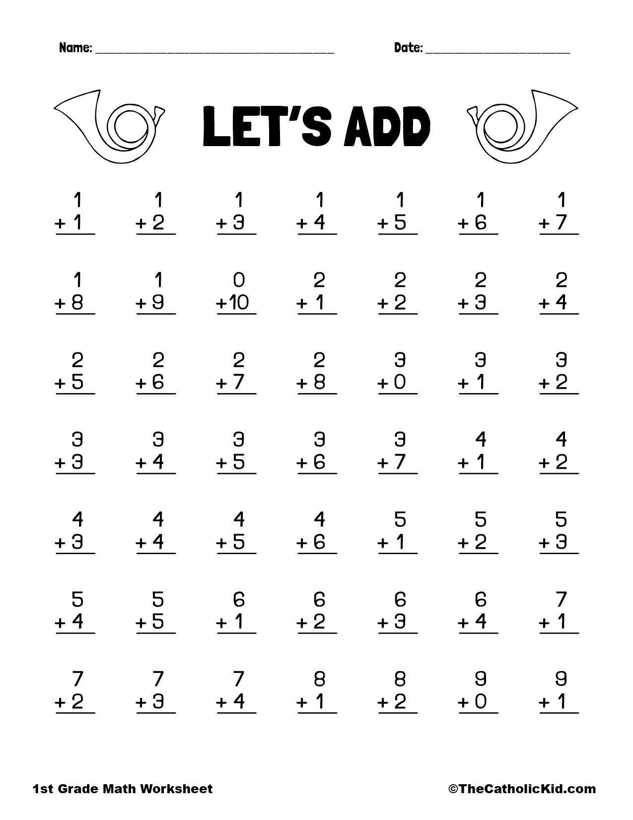 Addition Printout - 1St Grade Math Worksheet Catholic | First for Free Printable Addition Worksheets For 1St Grade