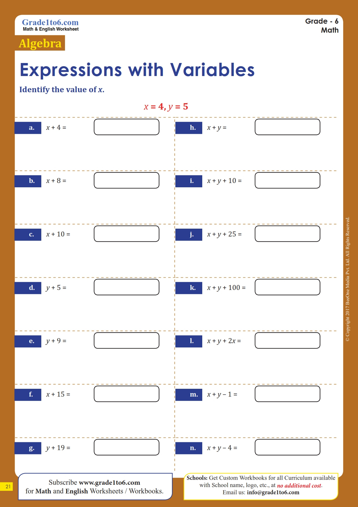 Algebraic Expressions Worksheets | Grade1To6 pertaining to Free Printable Algebra Worksheets Grade 6