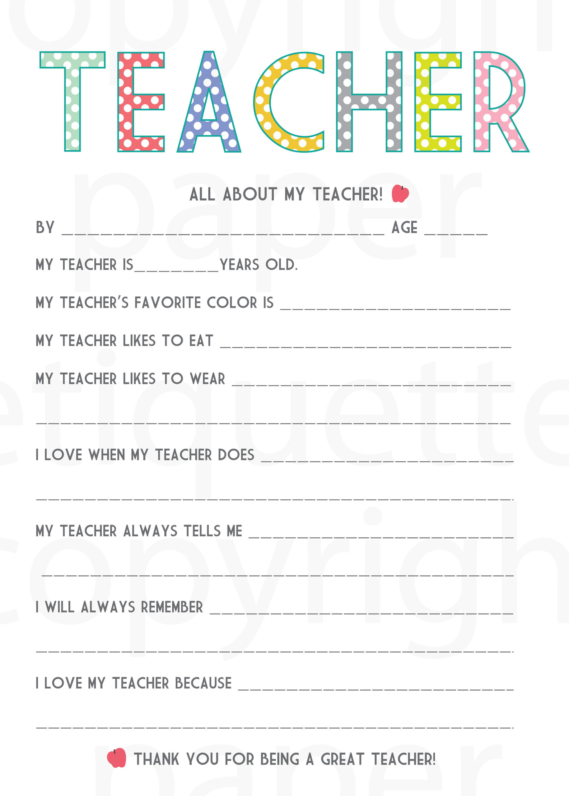 All About My Teacher Printable, Teacher Appreciation, End Of School Gift,  All About My Teacher Digital, Educator Gift, Teacher Thank You pertaining to All About My Teacher Free Printable