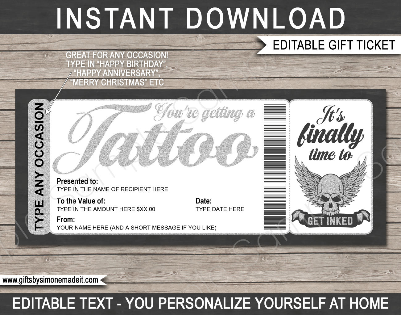 Any Occasion Tattoo Gift Certificate Card within Free Printable Tattoo Gift Certificates