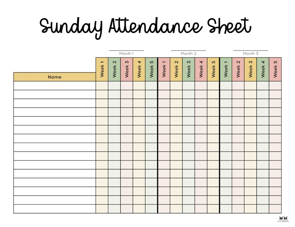 Attendance Sheets - 52 Free Printables | Printabulls pertaining to Sunday School Attendance Chart Free Printable