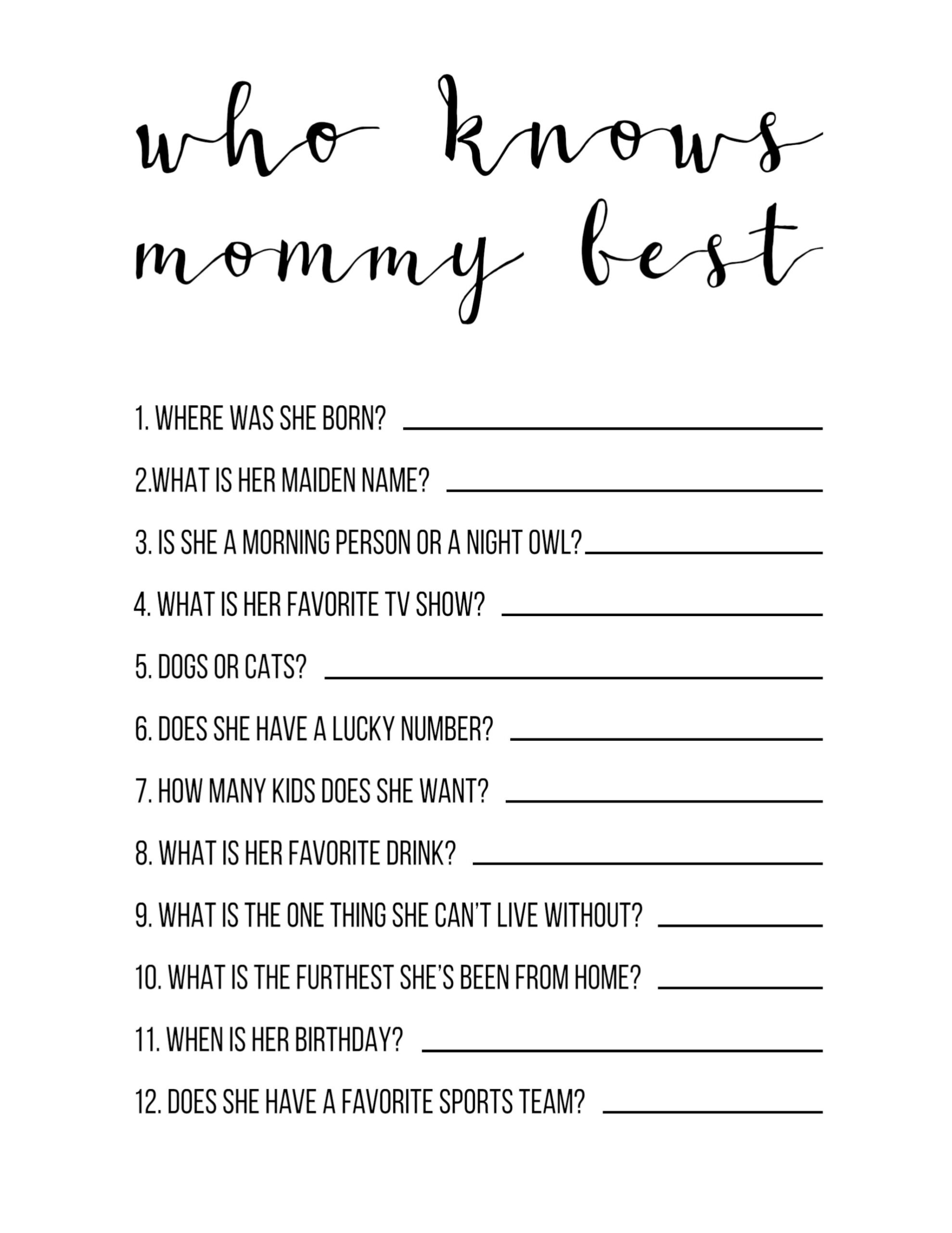 Baby Shower Games Free Printable {Who Knows Mommy Best} - Paper regarding Who Knows Mommy Best Free Printable