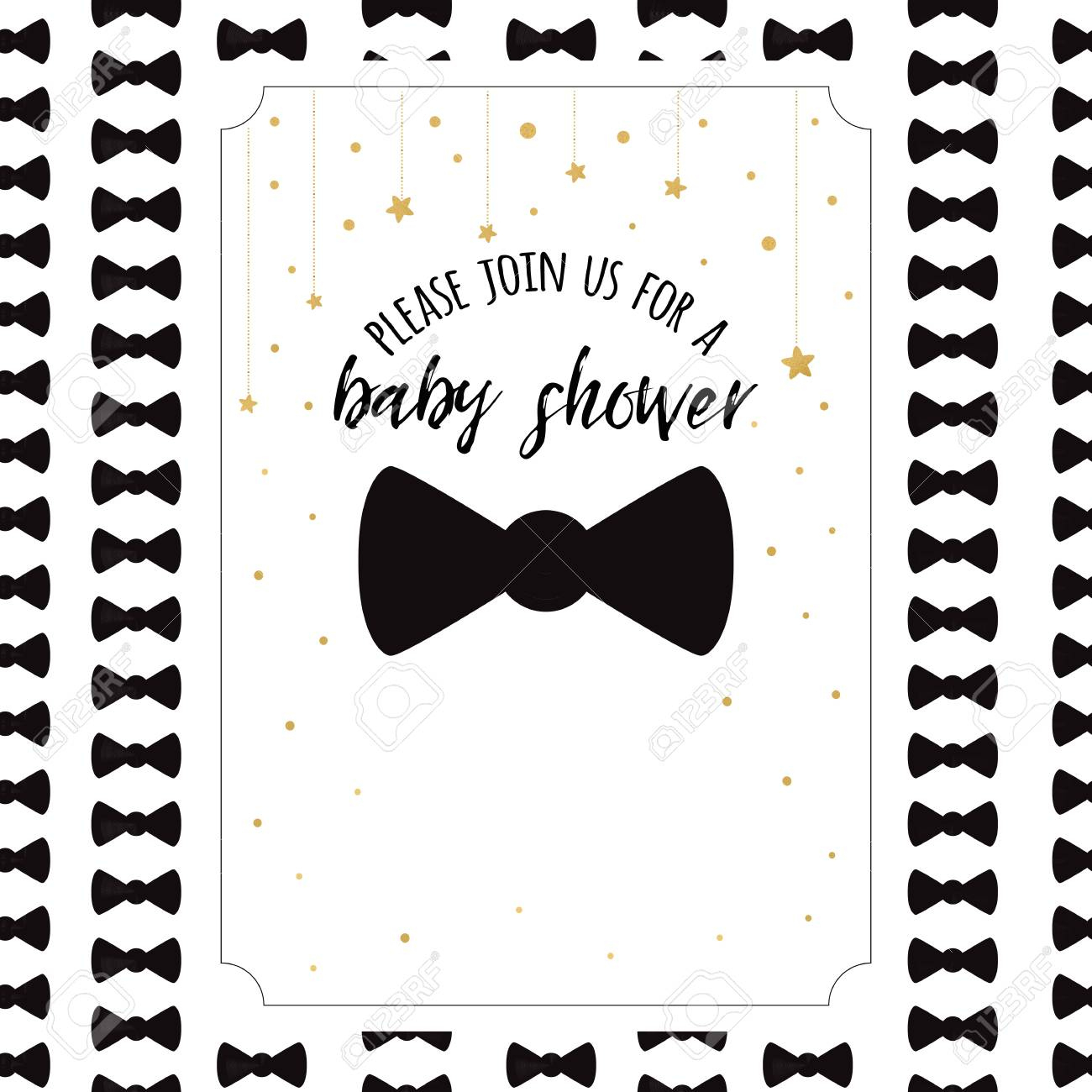 Baby Shower Invitation Template With Sparkle Golden Stars, Bow Tie pertaining to Free Printable Black And White Baby Shower Invitations