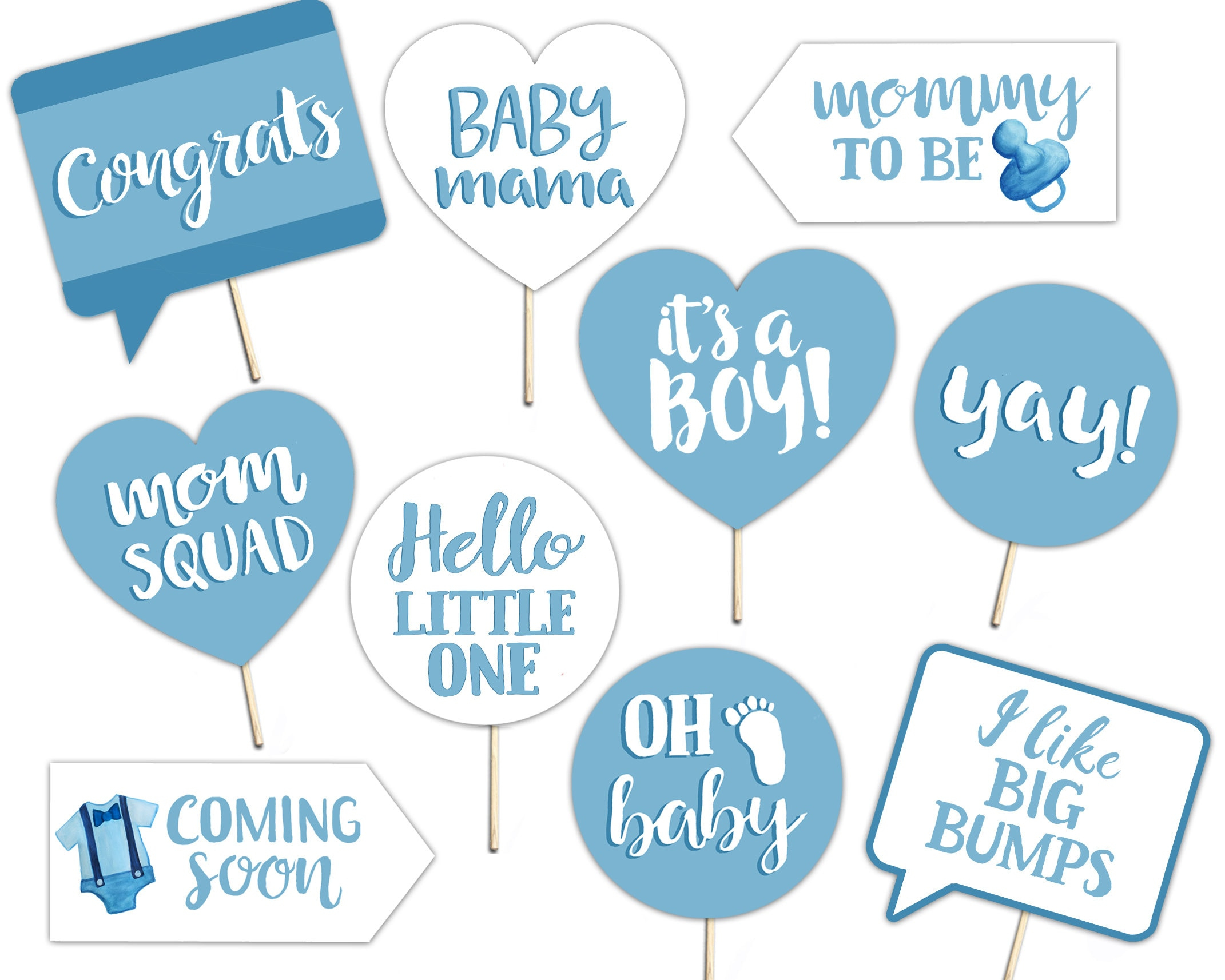 Baby Shower Printable Photo Booth Props - Baby Boy - Blue And White - 10 Hand Painted Signs regarding Free Printable Boy Baby Shower Photo Booth Props