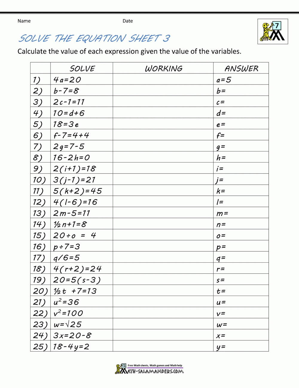 Basic Algebra Worksheets for Free Printable Algebra Worksheets With Answers