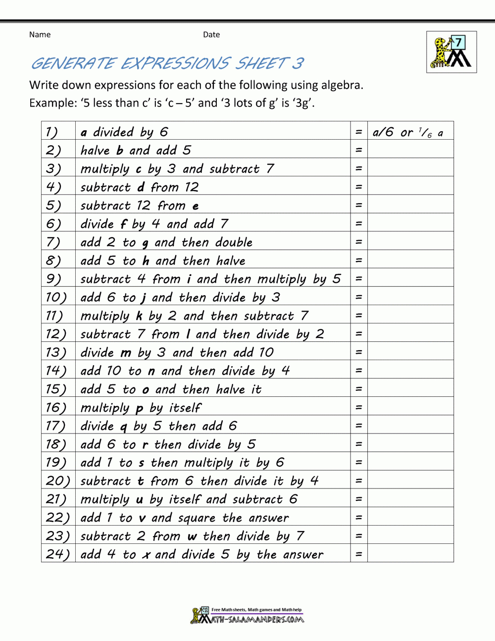 Basic Algebra Worksheets pertaining to Free Printable Algebra Worksheets Grade 6