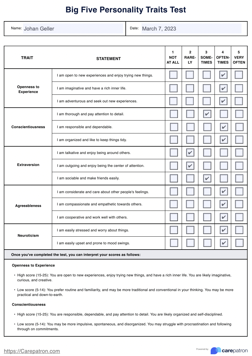 Big 5 Personality Test &amp;amp; Example | Free Pdf Download with Free Printable Personality Test