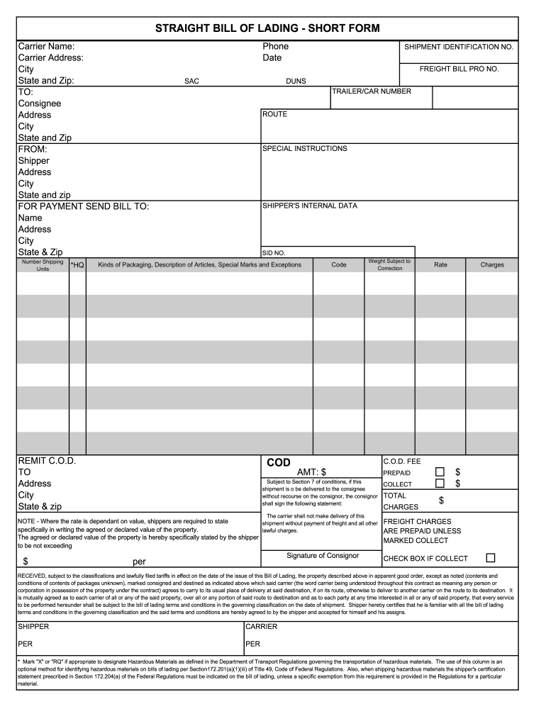 Bill Of Lading Template Excel - Fill Online, Printable, Fillable with regard to Free Printable Straight Bill of Lading