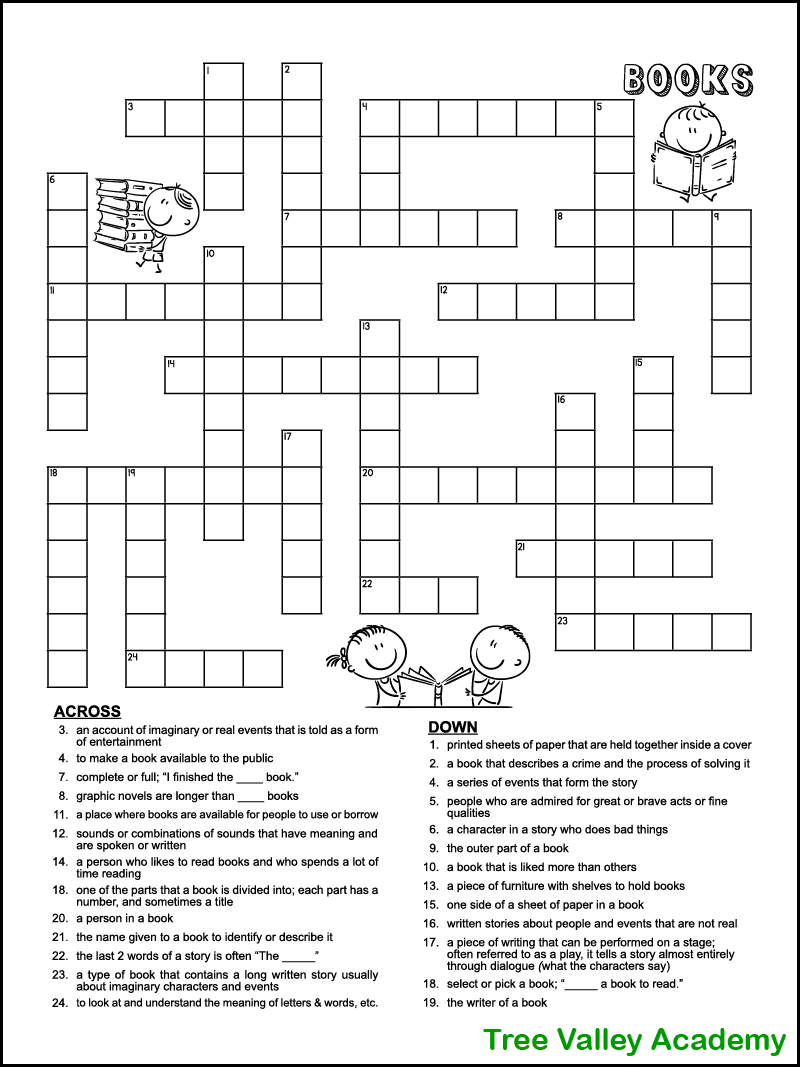 Book Themed Crossword Puzzle For Kids - Tree Valley Academy throughout Free Make Your Own Crosswords Printable