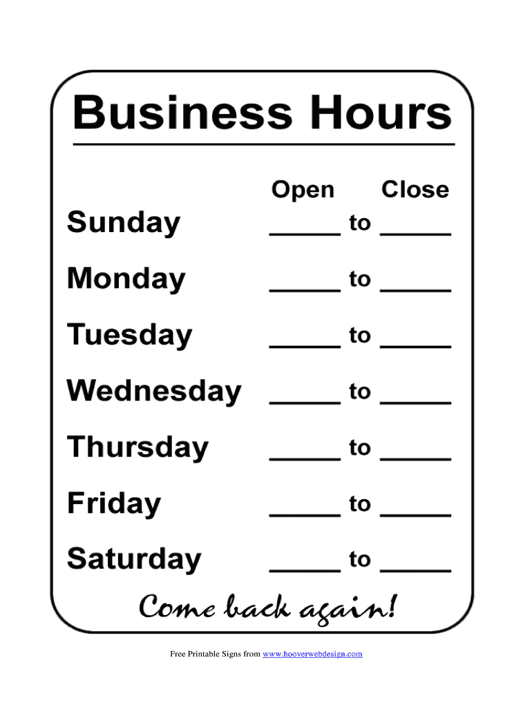 Business Hours Template - Fill Online, Printable, Fillable, Blank within Free Printable Business Hours Sign