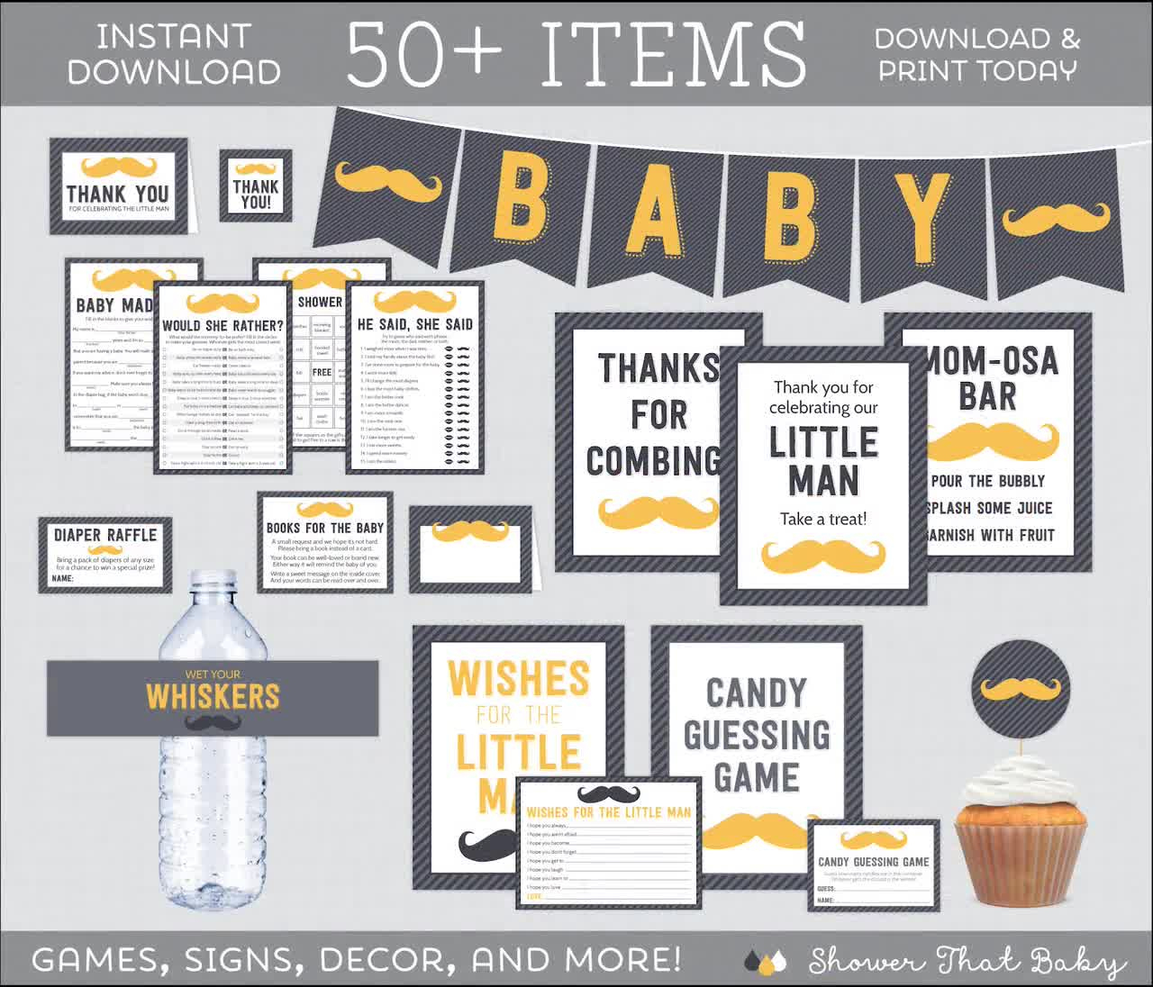 Buy Gray And Yellow Mustache Baby Shower Bundle 50 Printable with Name That Mustache Game Printable Free