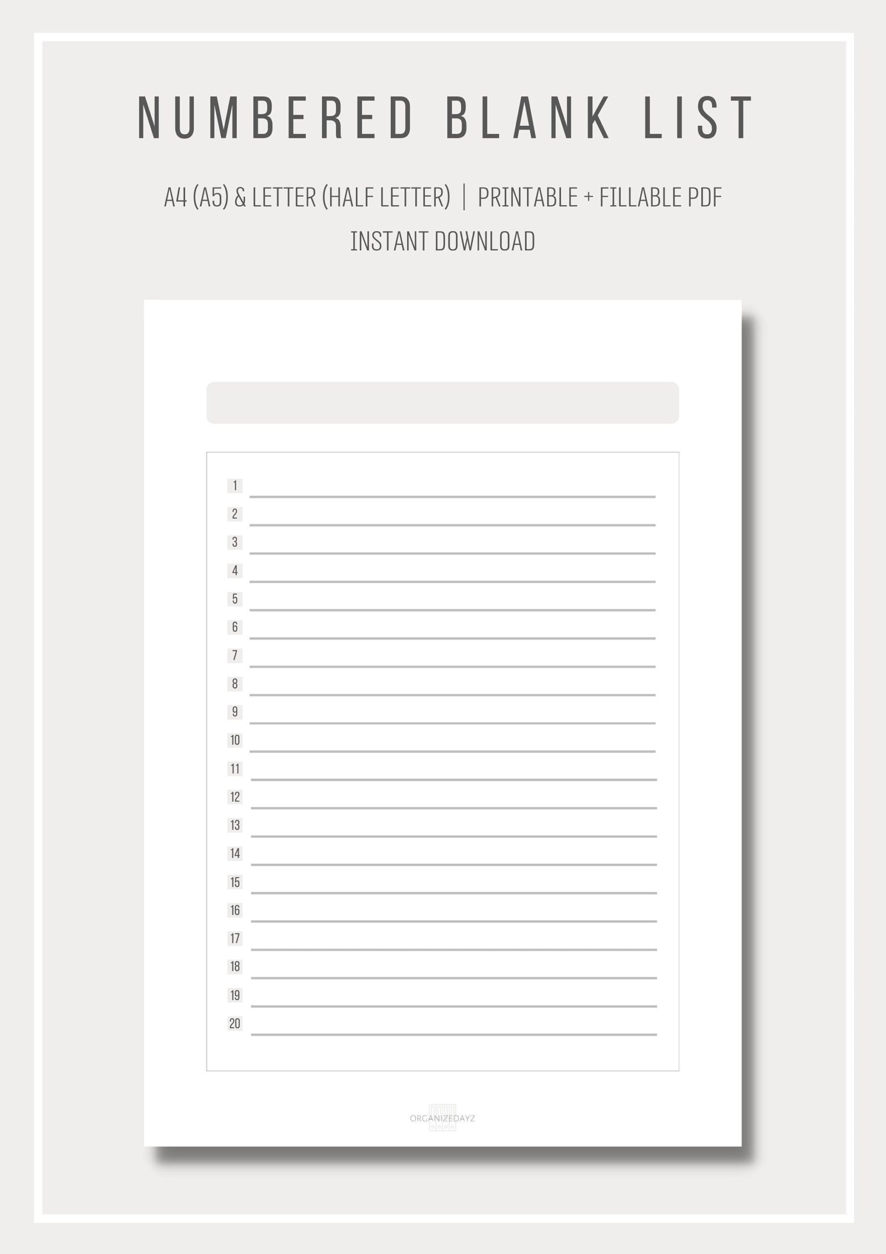 Buy Numbered Blank List Simple List Template Printable List in Free Printable Numbered List