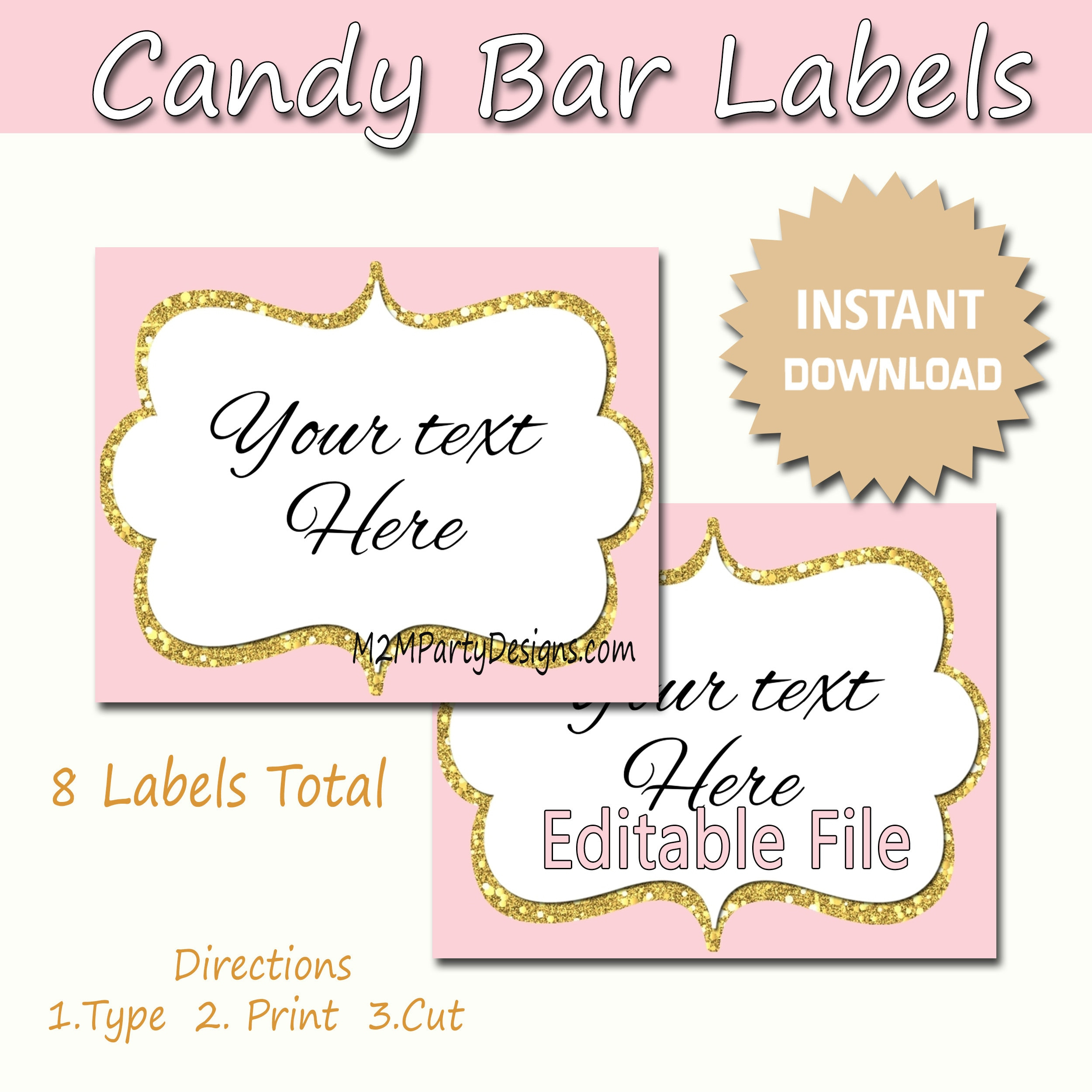 Candy Buffet Labels Pink, Gold Print Editable Card, Candy, Popcorn for Free Printable Candy Table Labels